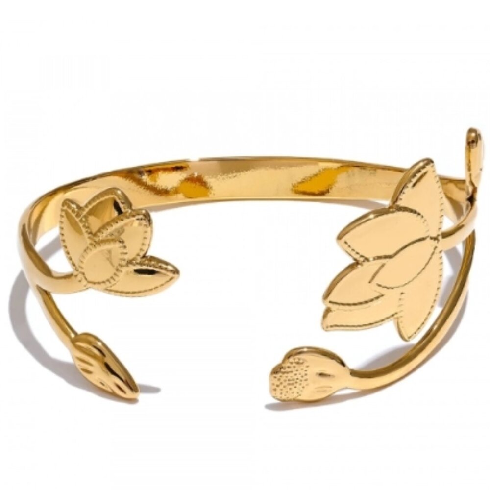 Stainless Steel Flower Open Cuff Bracelet, Women's Bracelet, Jewelry, Gold Cuff